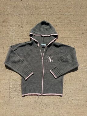 Gray Knit Hooded Zip-Up with Pink Trim - K Monogram